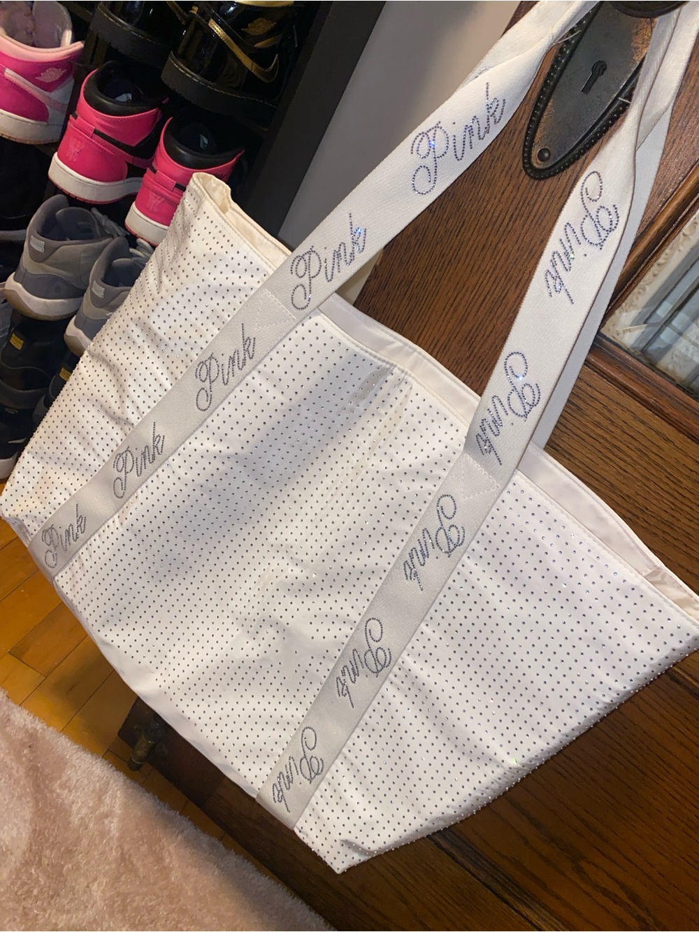 PINK Victoria's Secret White Perforated Tote with Logo Straps